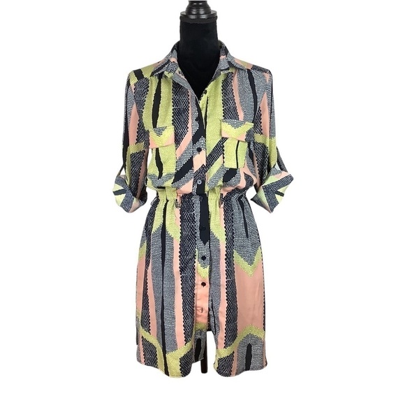 BAR III COLOURFUL PRINT BUTTON SHIRT DRESS - Picture 1 of 8